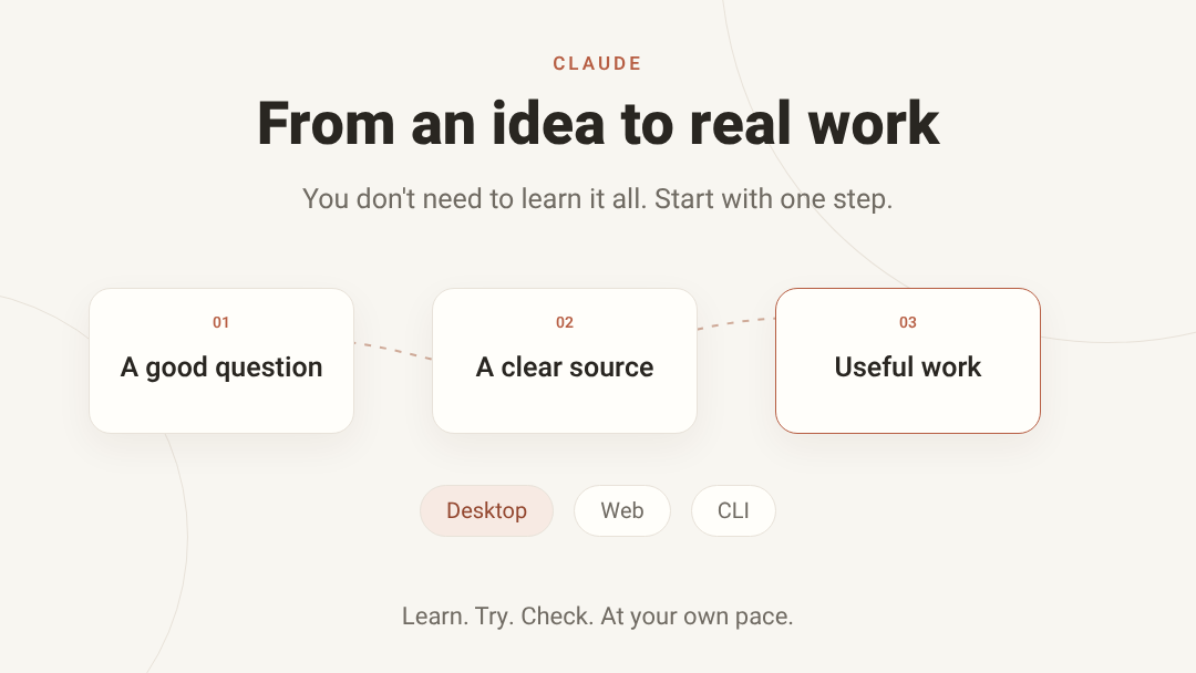 From an idea to real work. Learn, try and check at your own pace.